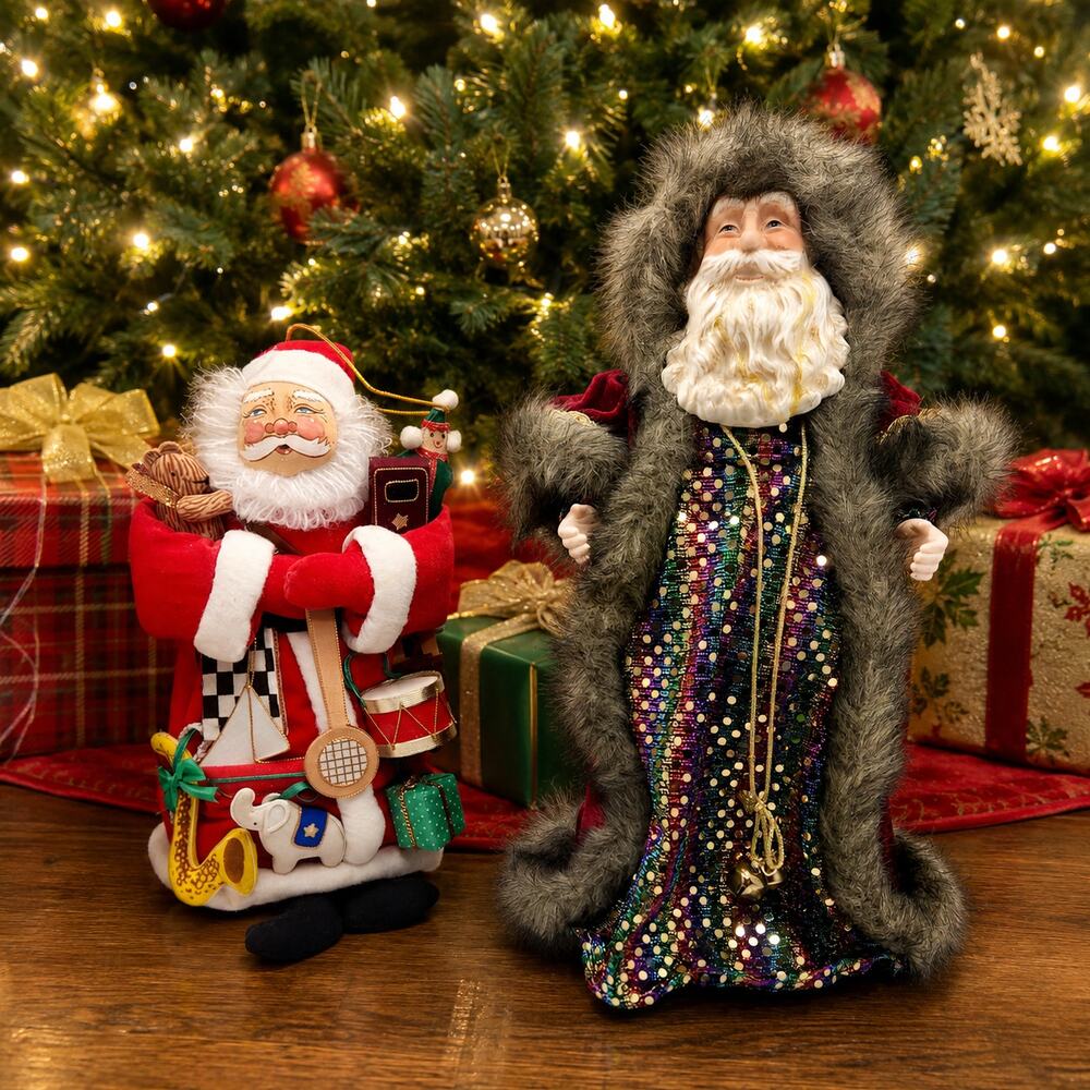 Vintage Santa Claus Lot Tree Topper & Stuffed Seated Santa Christmas Decor